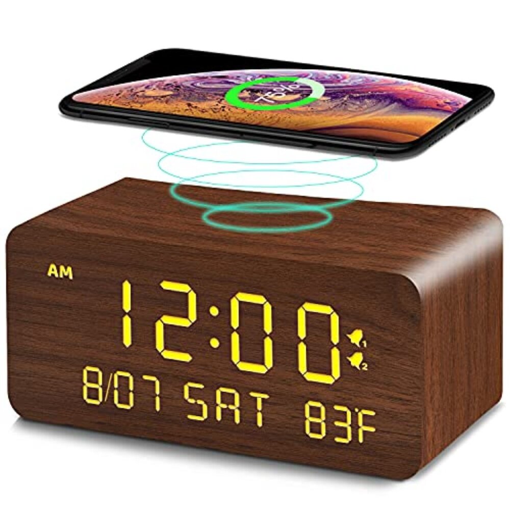 Wooden Digital Alarm Clock with Wireless Charging